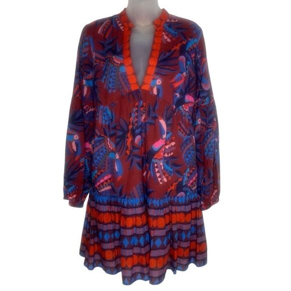 Farm Rio Long-Sleeve V-Neck Printed Mini Dress Small. NWOT - Picture 1 of 7